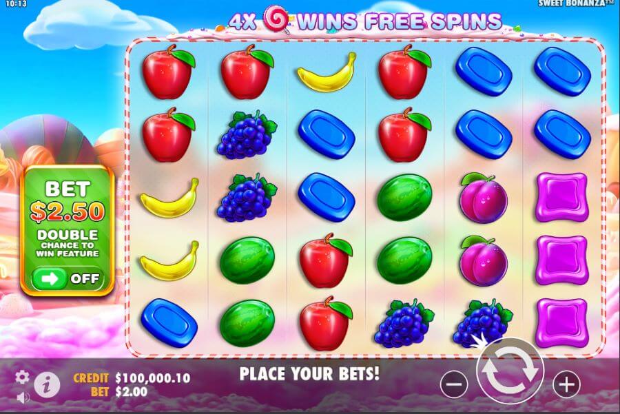 Efeitos audiovisuais na Sweet Bonanza slot.