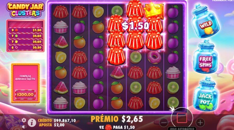 8. Gráficos e banda sonora da Candy Jar Clusters slot.