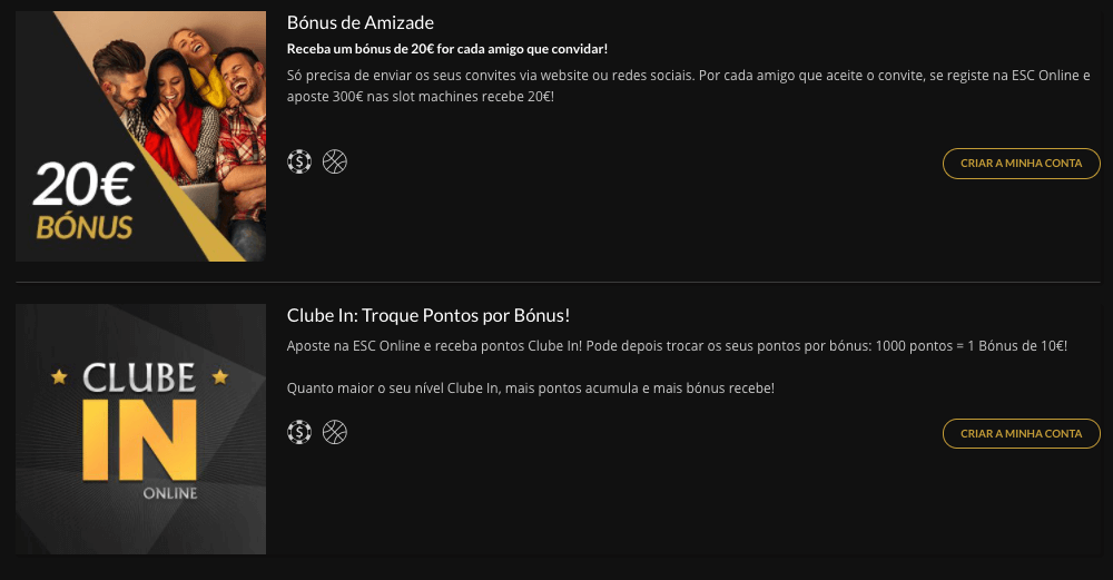 Bónus disponíveis em ESC Online