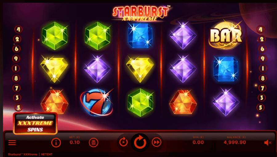 Efeitos audiovisuais da Starburst XXXtreme slot.