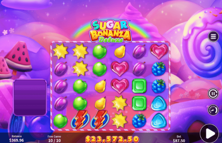 Gráficos e som da slot Sugar Bonanza Deluxe.