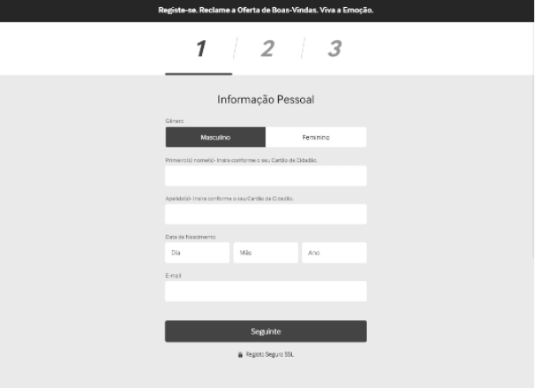 O registo de uma nova conta no Casino Betway
