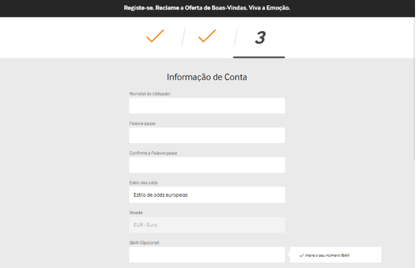 O registo de uma nova conta no Casino Betway